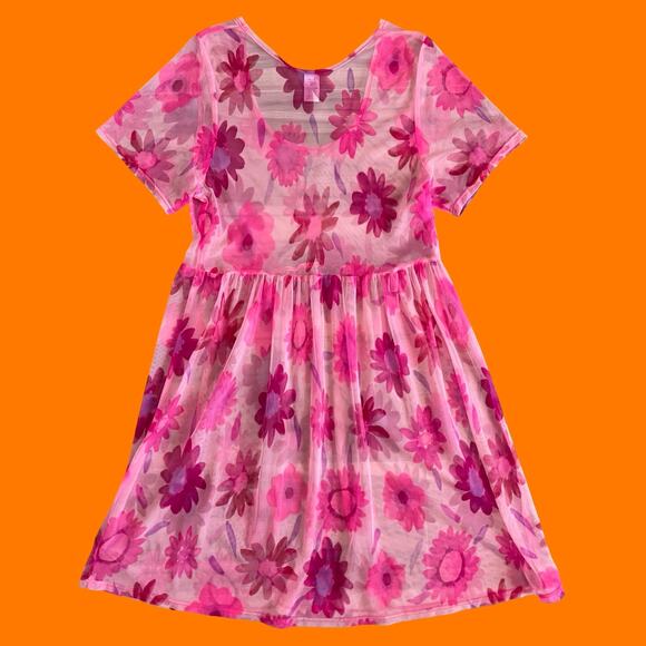 90's vintage pink mesh daisy floral dress swim cover up LARGE sessa - Picture 5 of 7